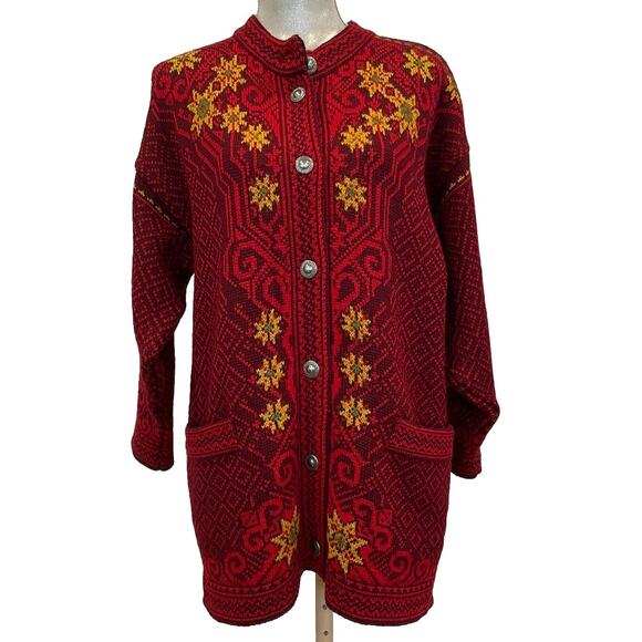 Norlaender Nordic Wool Red/Maroon Cardigan Sweater Coat Silver Buttons Size M - Picture 1 of 16